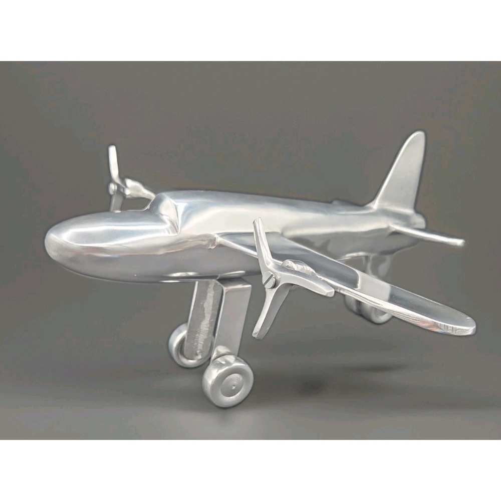 Art Deco Style Polished Aluminum Airplane Sculpture Model DC-3 Desktop Decor 13"